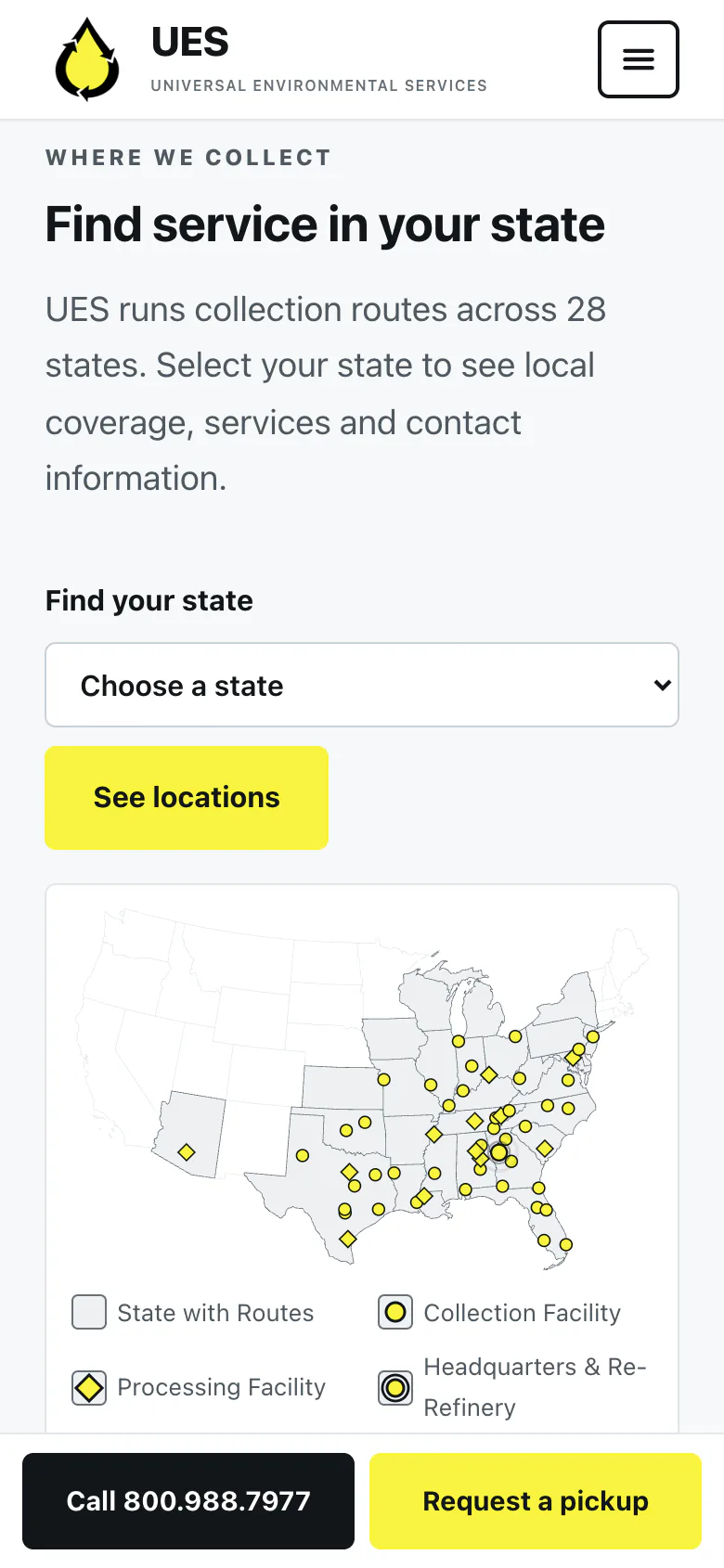 The Find service in your state section on a phone: a state picker with a See locations button, then the US map and its legend.