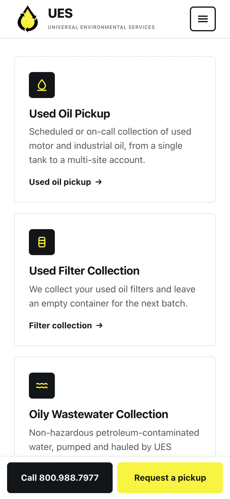 The services on a phone: one card per service, each with its own icon, a short description and a link, with the Call and Request a pickup bar fixed at the bottom.