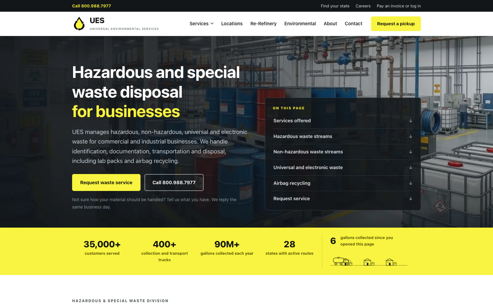 The hazardous waste page: the headline "Hazardous and special waste disposal for businesses", an on-this-page list, and the yellow numbers strip.