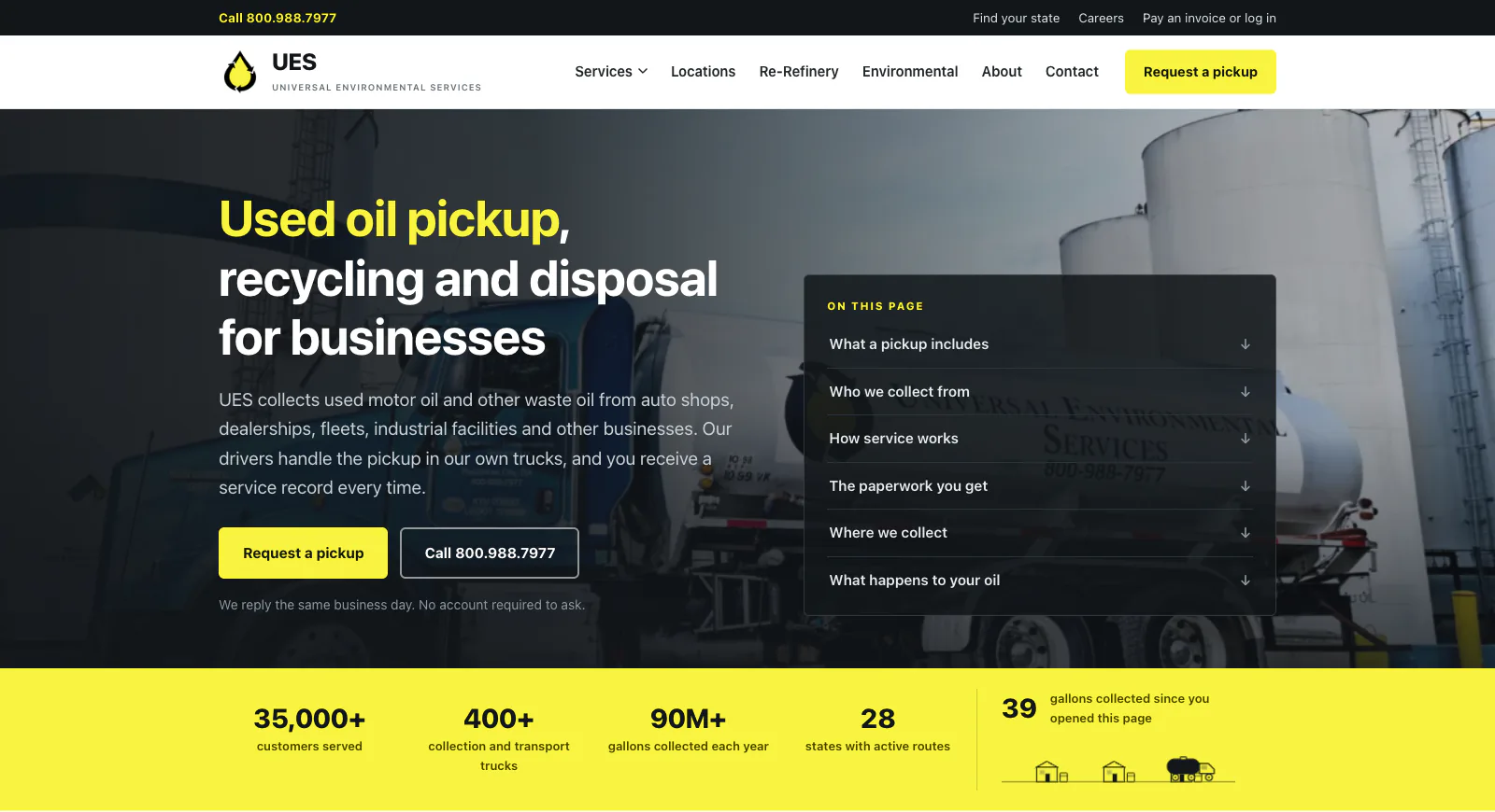 The used oil pickup page: the headline "Used oil pickup, recycling and disposal for businesses", an on-this-page list and the yellow numbers strip.